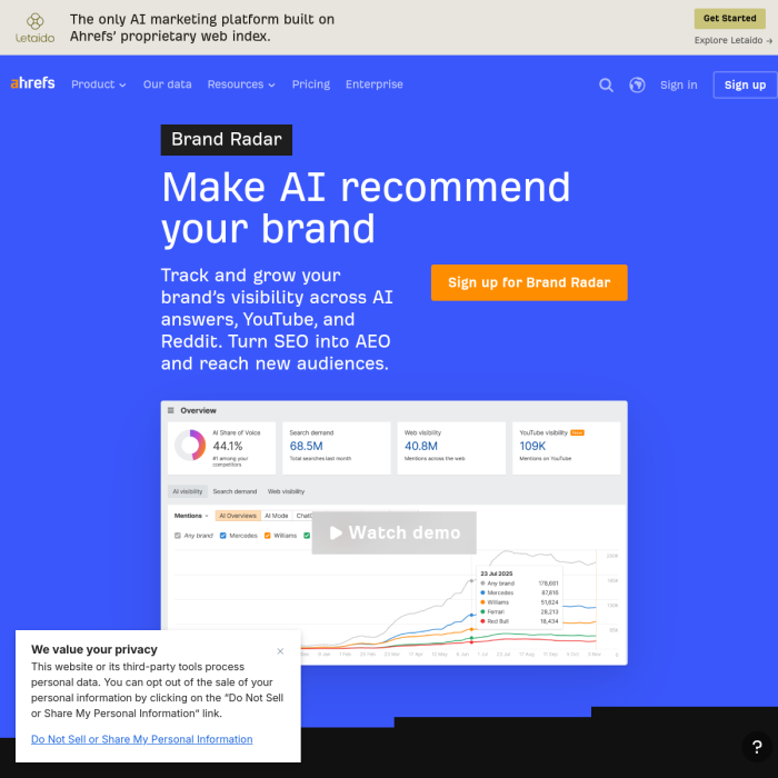 عرض البحث في قاعدة موجّهات الذكاء الاصطناعي من Ahrefs Brand Radar